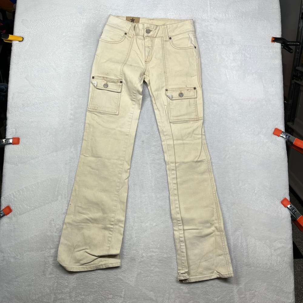 Rock & Republic Cargo Flare Pants Womens Cream Low Rise Pockets Workwear - 28X31
